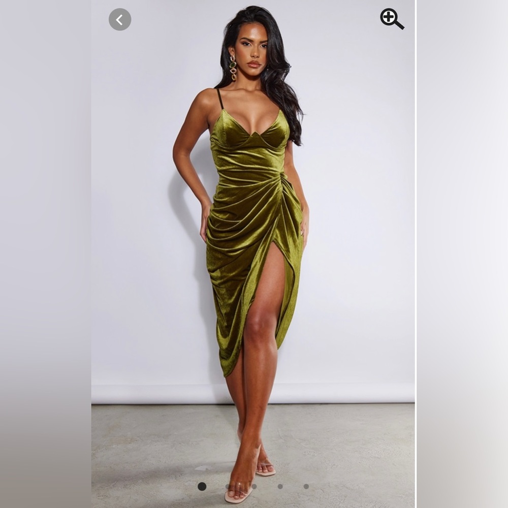 New Pretty Lil Thing Olive Velvet Underwired Draped Midi Dress